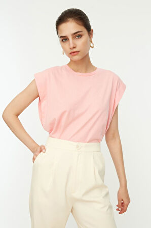 Pembe %100 Pamuk Vatka Görünümlü Basic Bisiklet Yaka Örme T-Shirt