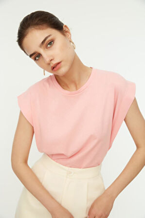 Pembe %100 Pamuk Vatka Görünümlü Basic Bisiklet Yaka Örme T-Shirt