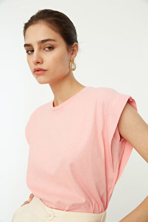 Pembe %100 Pamuk Vatka Görünümlü Basic Bisiklet Yaka Örme T-Shirt