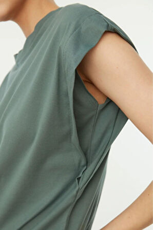 %100 Pamuk Çağla Yeşil Vatka Görünümlü Koltuk Altı Parçalı Yarasa Bisiklet Yaka Kısa Kol Tişört