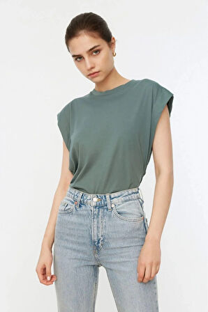 %100 Pamuk Çağla Yeşil Vatka Görünümlü Koltuk Altı Parçalı Yarasa Bisiklet Yaka Kısa Kol Tişört