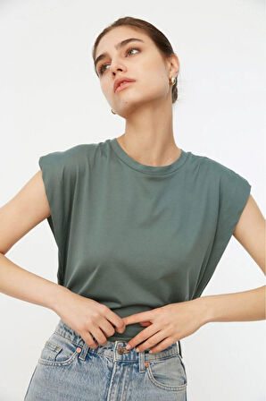 %100 Pamuk Çağla Yeşil Vatka Görünümlü Koltuk Altı Parçalı Yarasa Bisiklet Yaka Kısa Kol Tişört