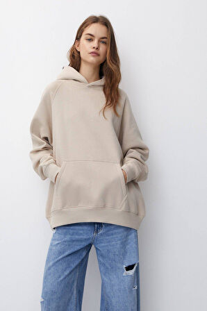 % 100 Pamuk Kadın Bej Basic 3 Iplik Oversize Kapüşonlu Şardonsuz Kangru Cepli Sweatshirt