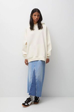 % 100 Pamuk Kadın Ekru Basic 3 iplik oversize kapüşonlu kangru cepli sweatshirt