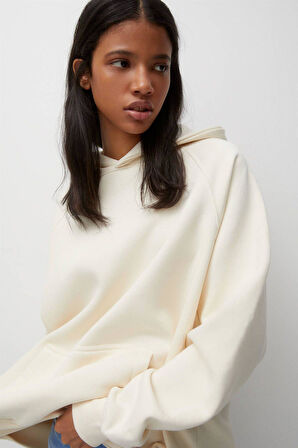 % 100 Pamuk Kadın Ekru Basic 3 iplik oversize kapüşonlu kangru cepli sweatshirt