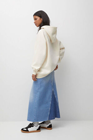 % 100 Pamuk Kadın Ekru Basic 3 iplik oversize kapüşonlu kangru cepli sweatshirt