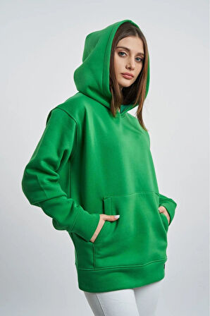 % 100 Pamuk Kadın Soft Yeşil Basic 3 iplik oversize kapüşonlu kangru cepli sweatshirt