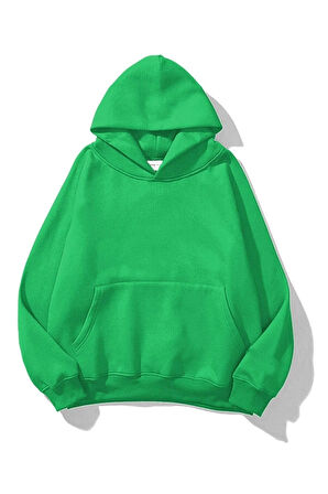 % 100 Pamuk Kadın Soft Yeşil Basic 3 iplik oversize kapüşonlu kangru cepli sweatshirt