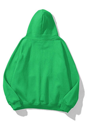 % 100 Pamuk Kadın Soft Yeşil Basic 3 iplik oversize kapüşonlu kangru cepli sweatshirt