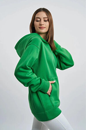 % 100 Pamuk Kadın Soft Yeşil Basic 3 iplik oversize kapüşonlu kangru cepli sweatshirt