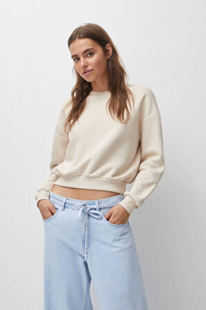 %100 Pamuk Kadın Bej Basic crop bisiklet yaka uzun kollu sweatshirt