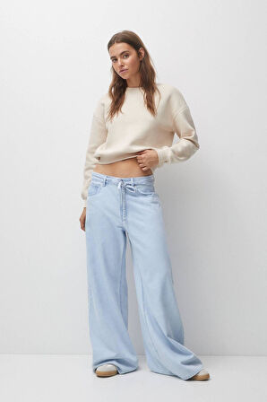 %100 Pamuk Kadın Bej Basic crop bisiklet yaka uzun kollu sweatshirt