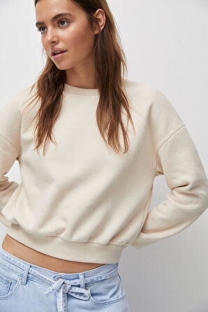 %100 Pamuk Kadın Bej Basic crop bisiklet yaka uzun kollu sweatshirt