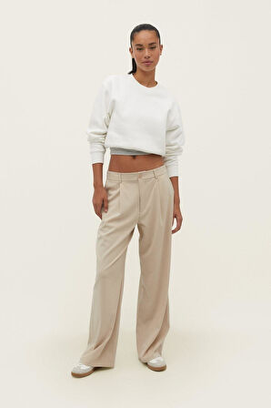 Ekru %100 Pamuk Kadın Basic crop bisiklet yaka uzun kollu sweatshirt