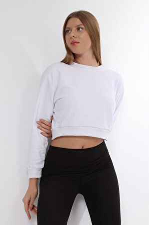 Beyaz %100 Pamuk Baskılı Kadın Basic crop bisiklet yaka uzun kollu sweatshirt