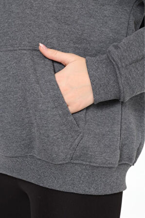 % 100 Pamuk Kadın Füme Antrasit Melanj Basic 3 iplik oversize kapüşonlu kangru cepli sweatshirt