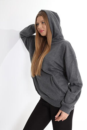 % 100 Pamuk Kadın Füme Antrasit Melanj Basic 3 iplik oversize kapüşonlu kangru cepli sweatshirt