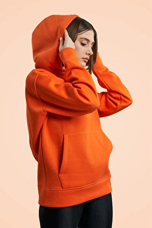 %100 Pamuklu, Kapüşonlu, Kangru cepli, Turuncu Basic Sweatshirt
