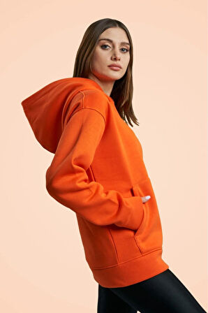 %100 Pamuklu, Kapüşonlu, Kangru cepli, Turuncu Basic Sweatshirt