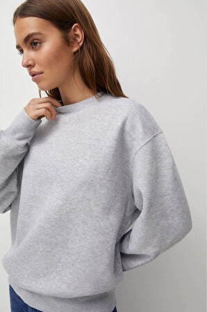 %100 Pamuk Kadın Gri Melanj 3 Iplik Basic Oversize Bisiklet Yaka Uzun Kol Sweatshirt Yüksek Kalite