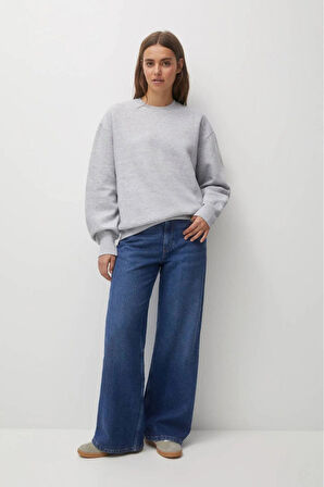 %100 Pamuk Kadın Gri Melanj 3 Iplik Basic Oversize Bisiklet Yaka Uzun Kol Sweatshirt Yüksek Kalite