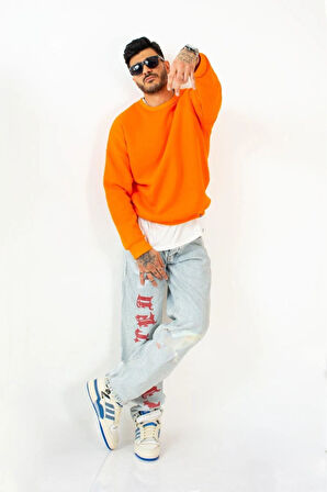 X Serüven Erkek 3 iplik Yüksek Kalite %100 Pamuk Turuncu Bisiklet Yaka Uzun Kol Basic Sweatshirt