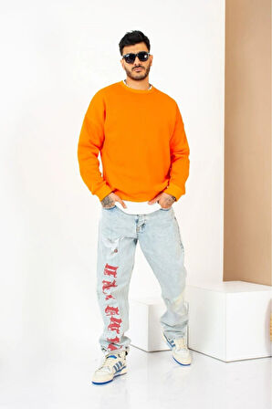 X Serüven Erkek 3 iplik Yüksek Kalite %100 Pamuk Turuncu Bisiklet Yaka Uzun Kol Basic Sweatshirt