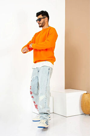 X Serüven Erkek 3 iplik Yüksek Kalite %100 Pamuk Turuncu Bisiklet Yaka Uzun Kol Basic Sweatshirt