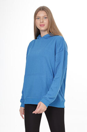 % 100 Pamuk Kadın Soft Mavi Basic 3 iplik oversize kapüşonlu kangru cepli sweatshirt