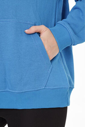 % 100 Pamuk Kadın Soft Mavi Basic 3 iplik oversize kapüşonlu kangru cepli sweatshirt