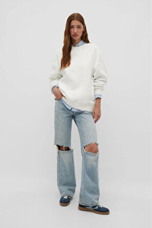 %100 Pamuk Kadın Ekru 3 iplik Basic Oversize bisiklet yaka uzun kol sweatshirt Yüksek Kalite