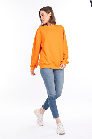 %100 Pamuk Kadın Turuncu 3iplik Basic Oversize bisiklet yaka uzun kol sweatshirt Yüksek Kalite oranj