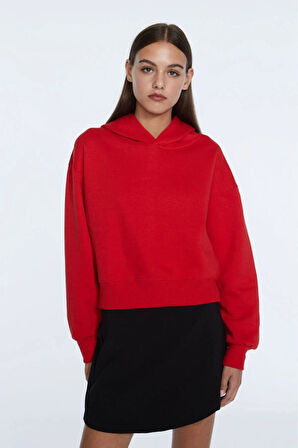 %100 pamuk Premium Kadın Kırmızı Kapüşonlu crop sweatshirt
