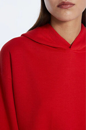 %100 pamuk Premium Kadın Kırmızı Kapüşonlu crop sweatshirt