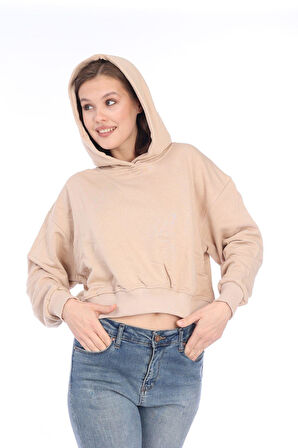 %100 pamuk Premium Kadın Bej Kapüşonlu crop sweatshirt
