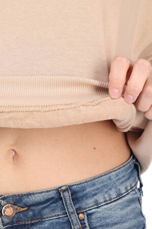 %100 pamuk Premium Kadın Bej Kapüşonlu crop sweatshirt