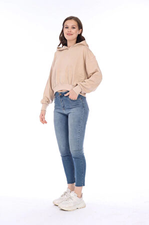 %100 pamuk Premium Kadın Bej Kapüşonlu crop sweatshirt