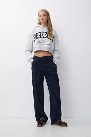 %100 pamuk Premium Kadın Baskılı Gri Melanj Kapüşonlu crop sweatshirt