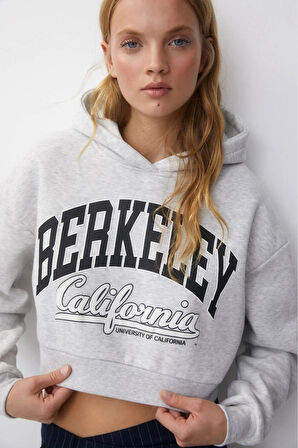 %100 pamuk Premium Kadın Baskılı Gri Melanj Kapüşonlu crop sweatshirt