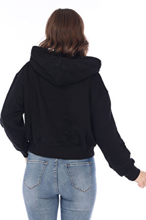 Premium Kalite %100 Pamuk 3 iplik Kadın Siyah Kapüşonlu Kanguru Cepli Bağcıklı Kısa Crop sweatshirt