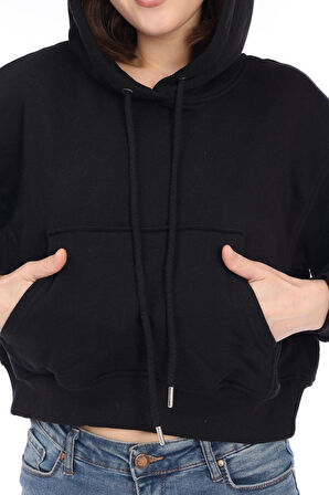 Premium Kalite %100 Pamuk 3 iplik Kadın Siyah Kapüşonlu Kanguru Cepli Bağcıklı Kısa Crop sweatshirt
