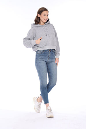 Premium Kalite %100 Pamuk 3 iplik Gri Melanj Kapüşonlu Kanguru Cepli Bağcıklı Kısa Crop sweatshirt