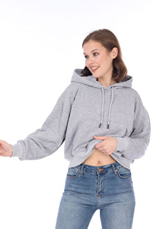 Premium Kalite %100 Pamuk 3 iplik Gri Melanj Kapüşonlu Kanguru Cepli Bağcıklı Kısa Crop sweatshirt