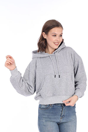 Premium Kalite %100 Pamuk 3 iplik Gri Melanj Kapüşonlu Kanguru Cepli Bağcıklı Kısa Crop sweatshirt
