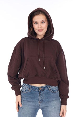 Premium Kalite %100 Pamuk 3 iplik Kahverengi Kapüşonlu Kanguru Cepli Bağcıklı Kısa Crop sweatshirt