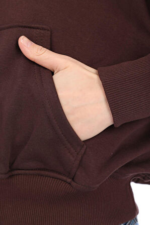 Premium Kalite %100 Pamuk 3 iplik Kahverengi Kapüşonlu Kanguru Cepli Bağcıklı Kısa Crop sweatshirt