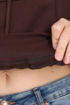 Premium Kalite %100 Pamuk 3 iplik Kahverengi Kapüşonlu Kanguru Cepli Bağcıklı Kısa Crop sweatshirt