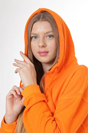 %100 Pamuk Ultra Kalite Oversize Kadın Turuncu 3 iplik Kapüşonlu Fermuarlı Cepli Sweatshirt Oranj