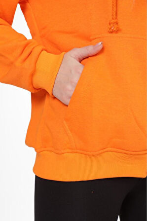 %100 Pamuk Ultra Kalite Oversize Kadın Turuncu 3 iplik Kapüşonlu Fermuarlı Cepli Sweatshirt Oranj