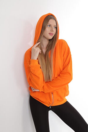 %100 Pamuk Ultra Kalite Oversize Kadın Turuncu 3 iplik Kapüşonlu Fermuarlı Cepli Sweatshirt Oranj